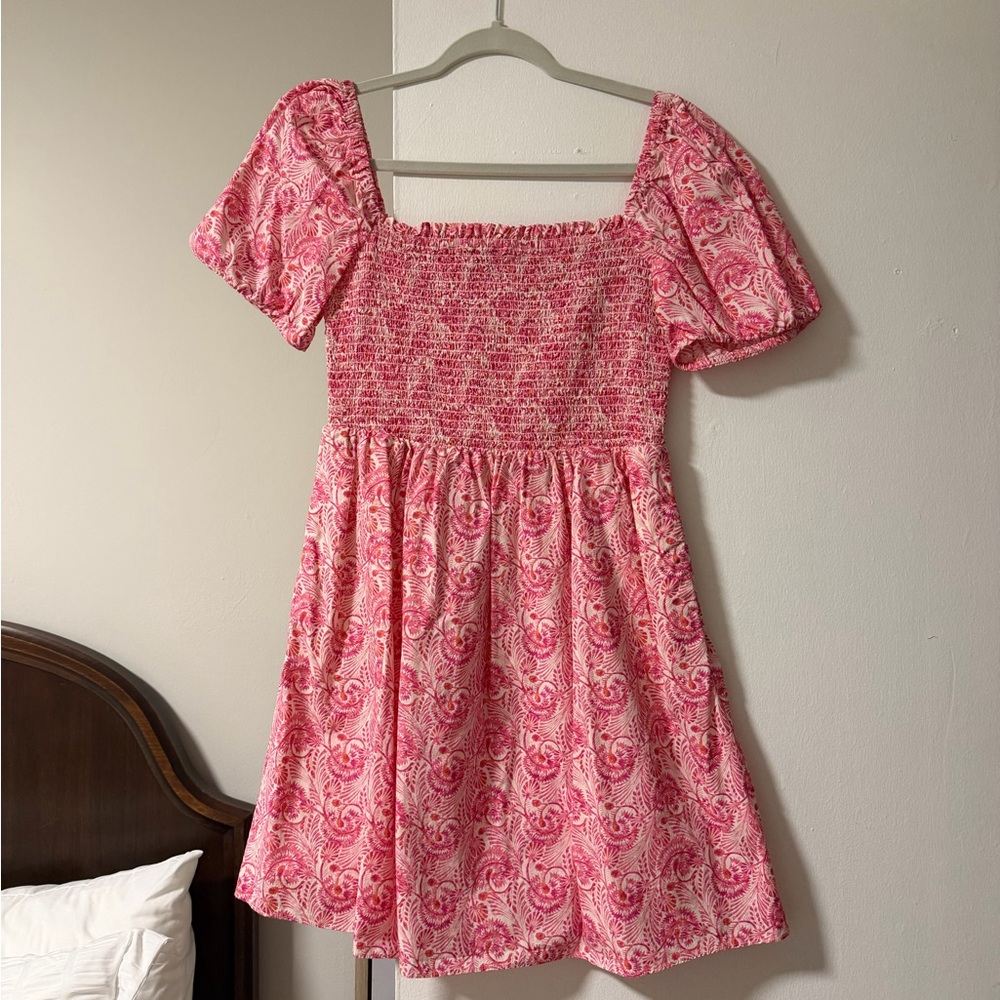 J Crew Pink Puff Sleeve Dandelion Swirl Mini Dress
